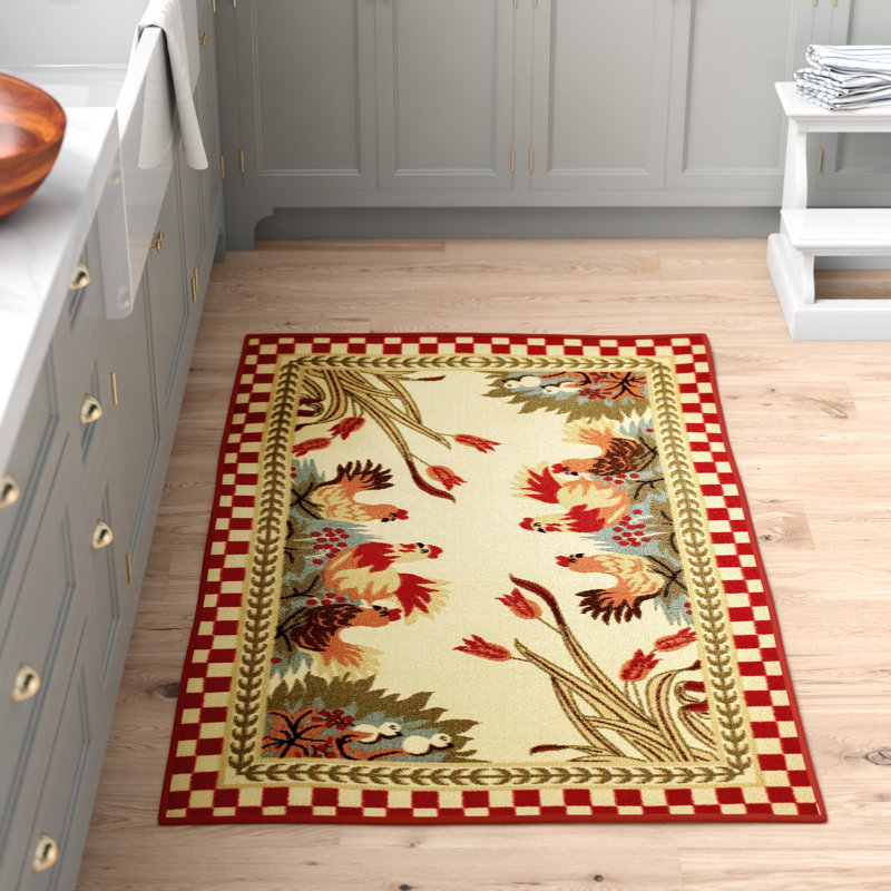 August Grove Charleena Rooster Checkered Cream/Red Kitchen Area Rug